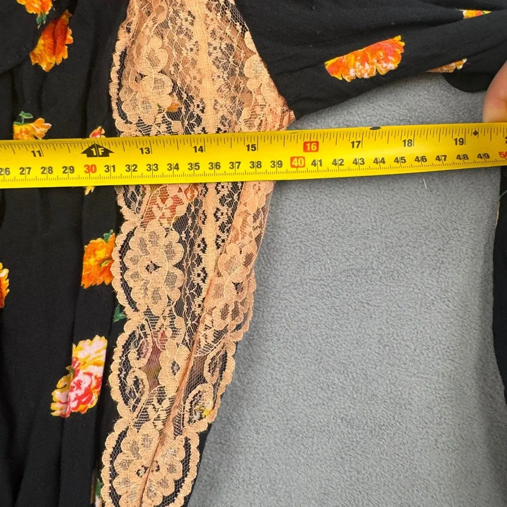 Intimately Free People Floral Lace Ruffle Bodysuit Black Orange XS Long Sleeve